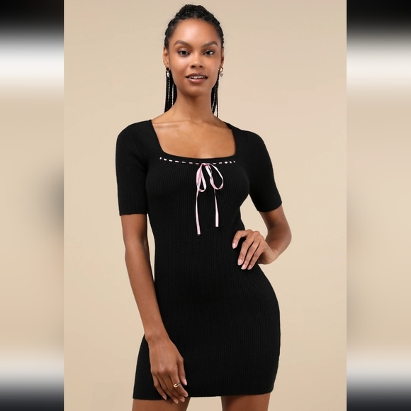 Lulus Adorable Motivation Black Ribbed Ribbon Sweater Mini Dress - Picture 1 of 6